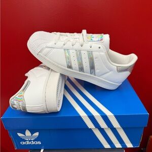 Adidas Originals Superstar White Sneakers with Iridescent Stripes Unisex